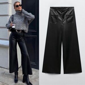 ZARA NWT BLOGGER Fave Black Faux Leather High Rise Wide Leg Cropped Marine Pants